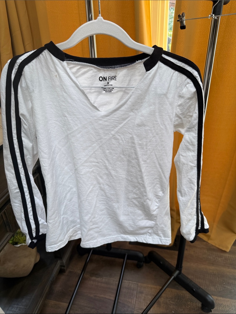 On Fire White Long Sleeve V-Neck Top with Black Stripe Accents